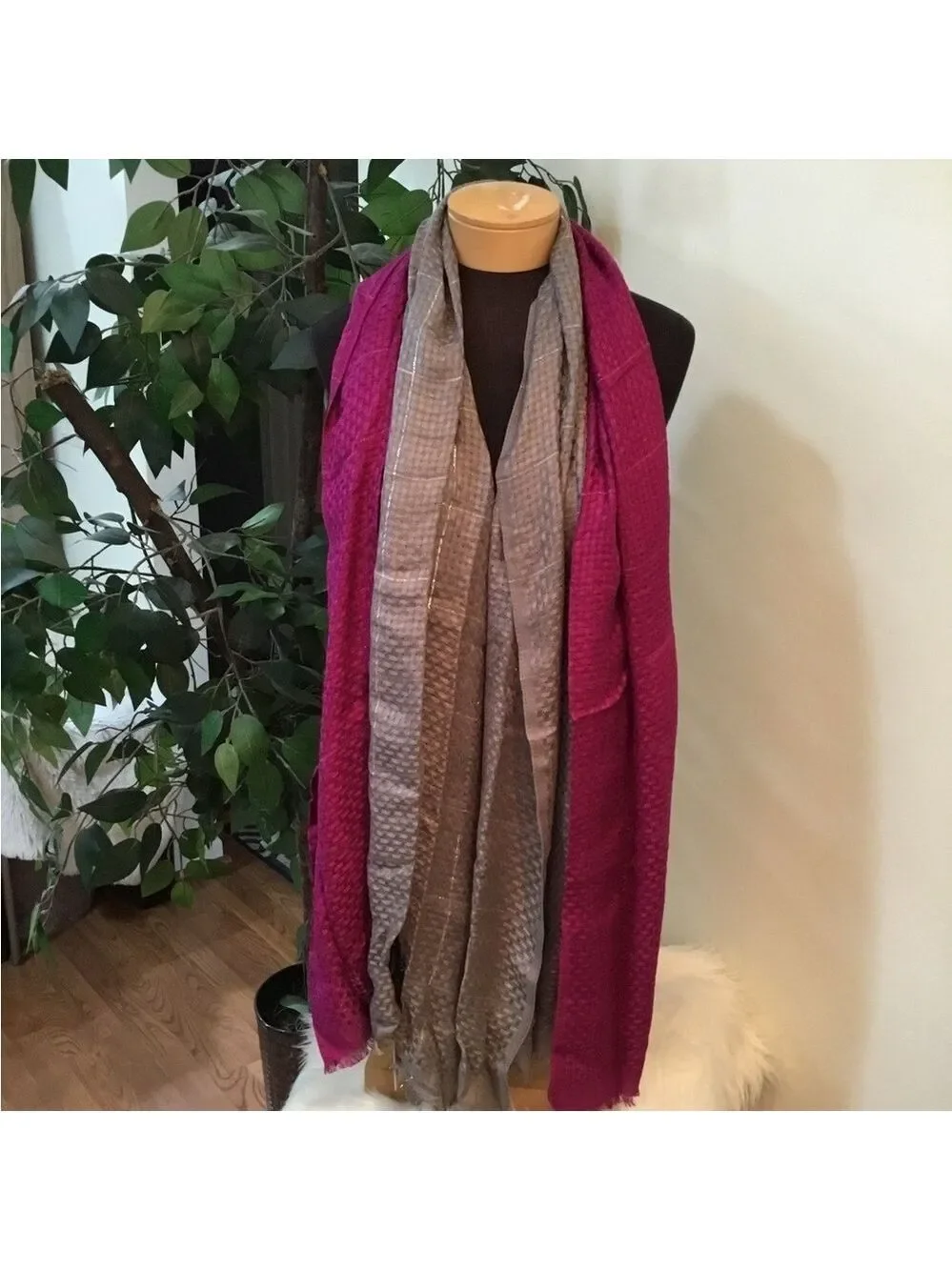 Apt 9 Basket Weave Lurex Pashmina oblong scarfs set of two purple & gray